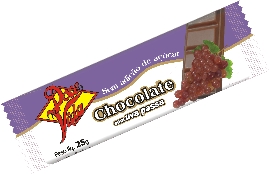 chocolate uva passa.jpg - Ingredientes:Chocolate dietético ao leite ( manteiga de cacau, leite em pó desnatado, soro de leite, massa de cacau, maltodextrina, farinha de soja, polidextrose, emulsificantes lecitina de soja e éster de poliglicerol, aroma idêntico ao natural de baunilha, edulcorantes aspartame e acesulfame k ) e uva passa. Não contém glúten.